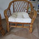 Vintage - lot de 2 fauteuils en bambou et rotin tressé avec coussins- couleur naturel - Années 80