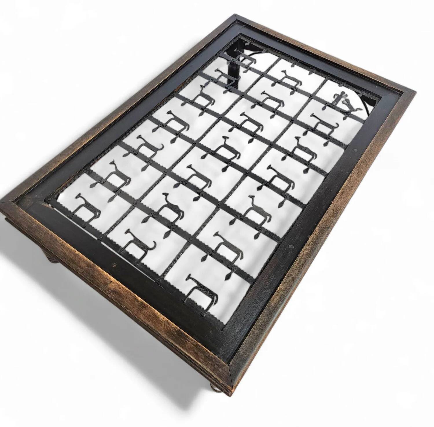 French brutalist coffee table, forged wrought iron, shepherd with dog and his herd, 1970s, transparent glass top