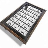 French brutalist coffee table, forged wrought iron, shepherd with dog and his herd, 1970s, transparent glass top