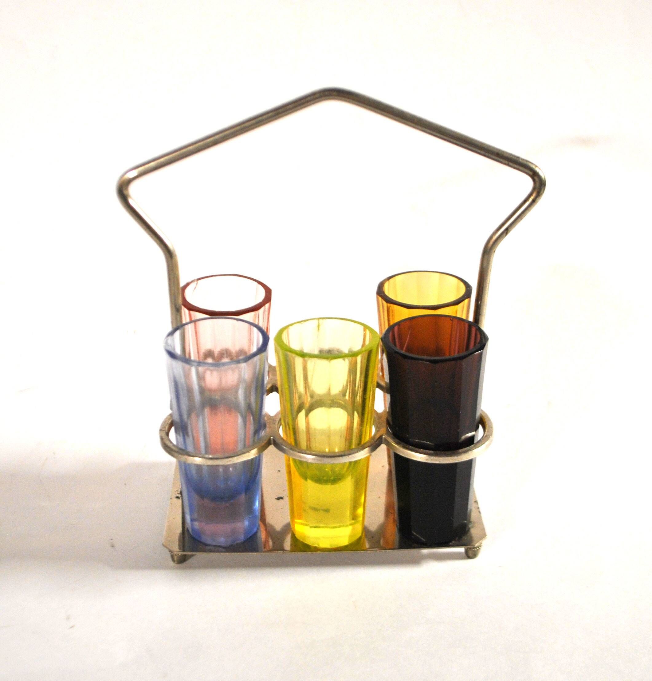 Set of 5 Art Deco 1920s shooter glasses in coloured and uranium glass - ouraline.