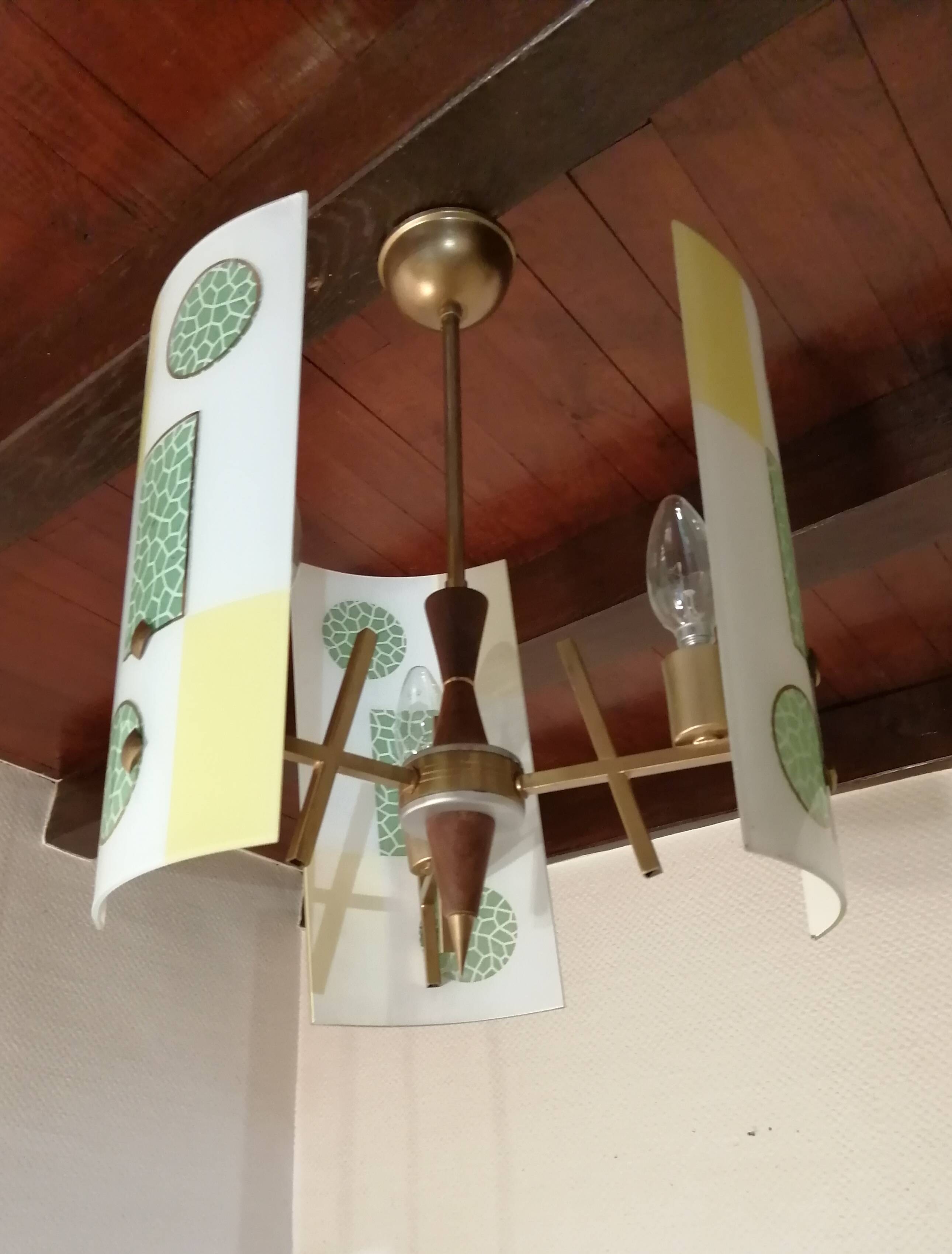 Golden chandelier and glass plates, art deco, vintage style Strangfeld und Gregor Radeberg Dresden 1950