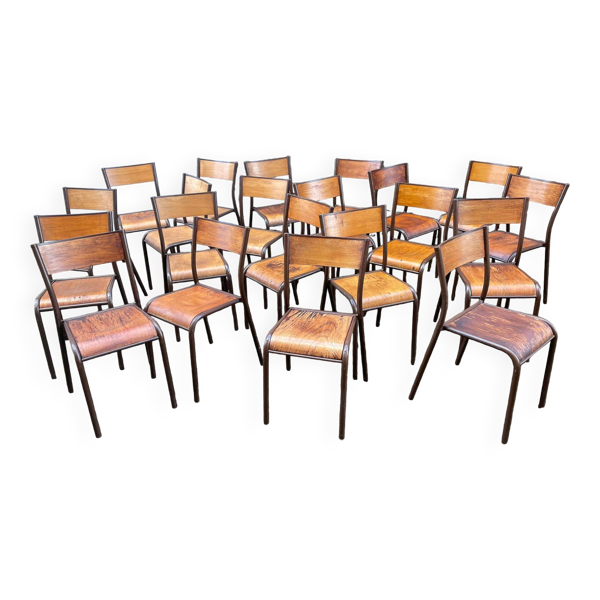 20 chaises d'école vintage en métal et bois design Mid-century vintage 1960 french Mullca — Beyit