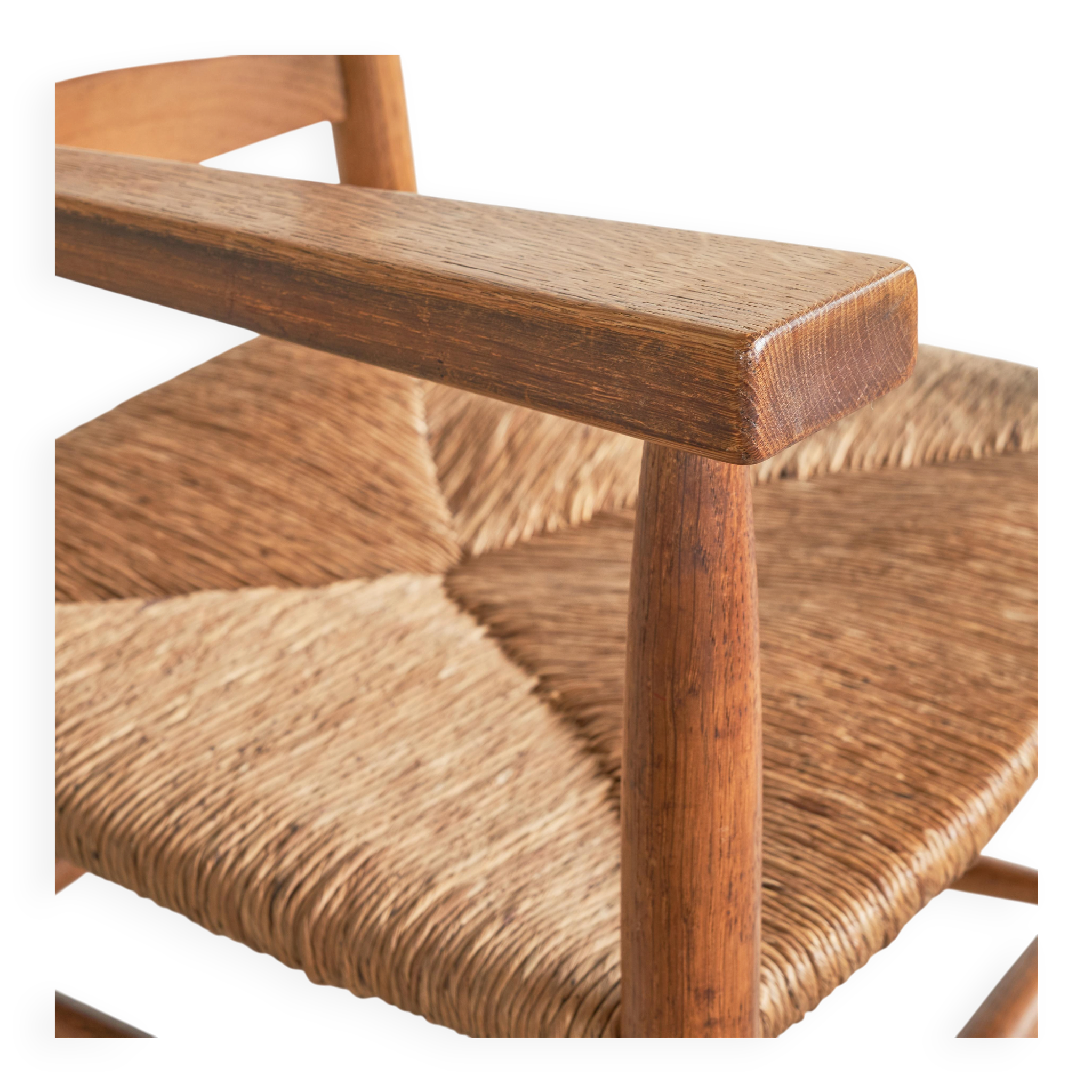 Set of 2 oak and wicker armchairs, mid-20th century.