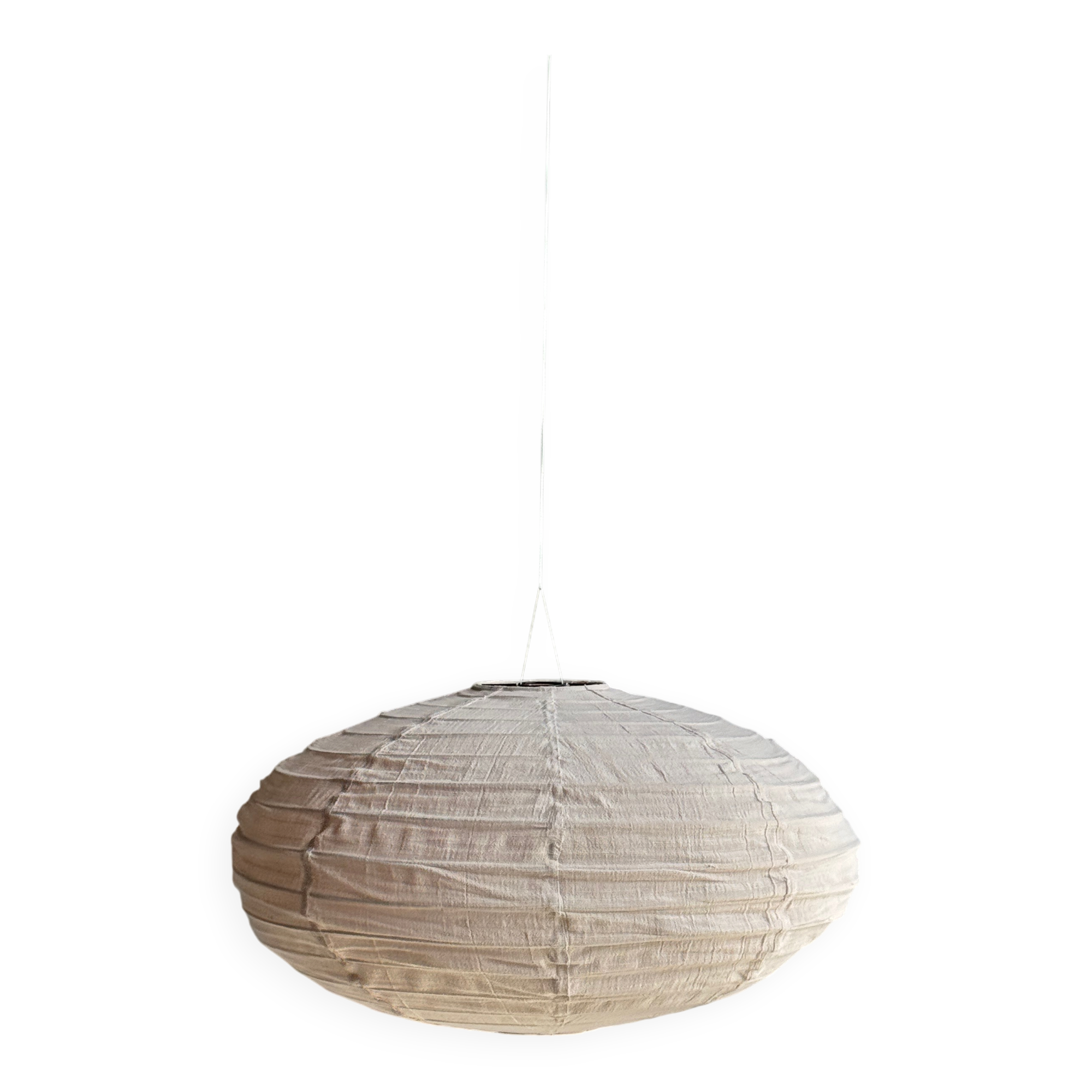Grande suspension en rotin et lin naturel japonisante ovale aplatie rosée