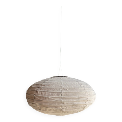Grande suspension en rotin et lin naturel japonisante ovale aplatie rosée