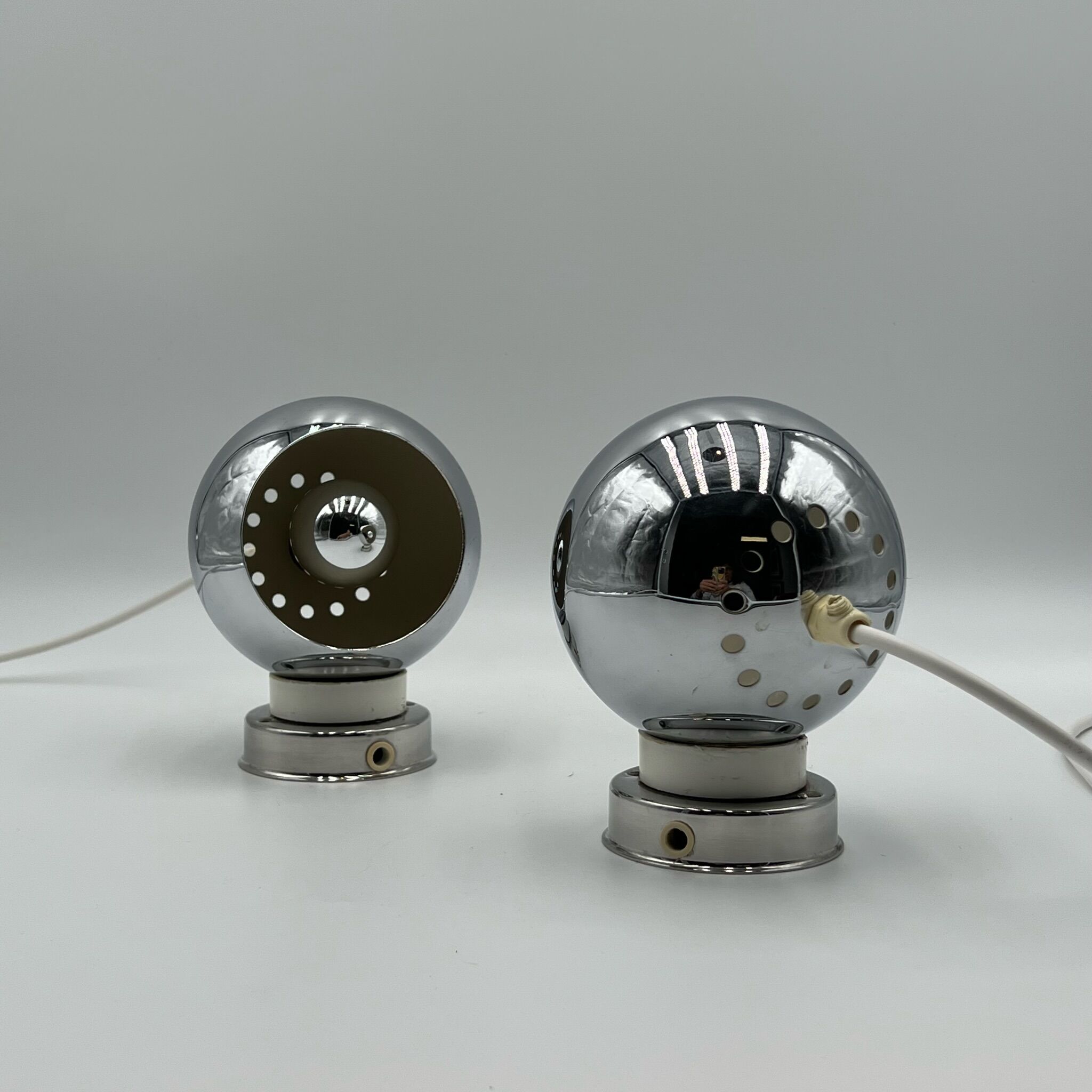 Reggiani Eyeball 60s Lamp Set - chromed globe wall lamps - space age desk lamps