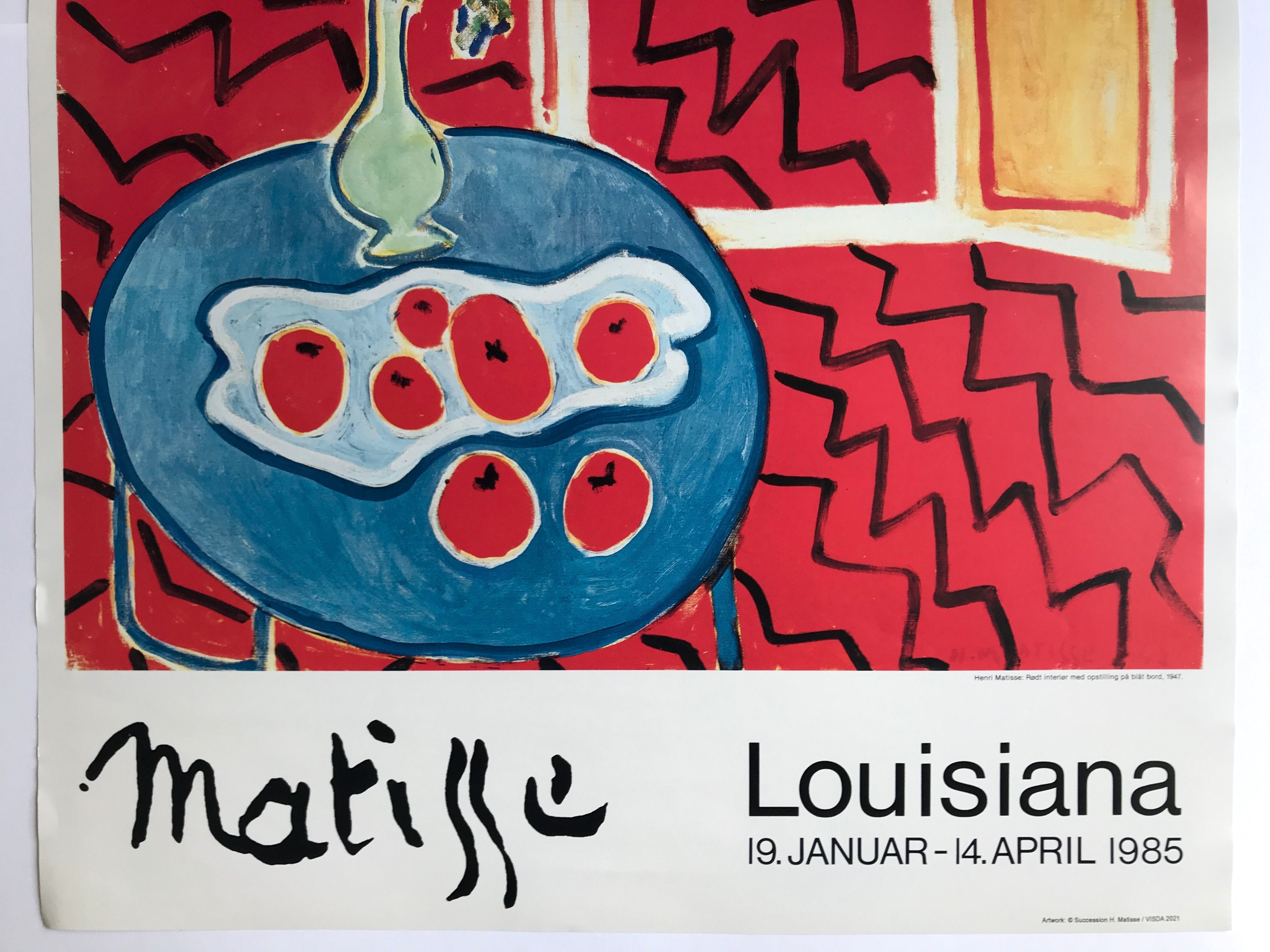 Original poster exhibition henri matisse, red interior, still life on blue table, 1947-1985