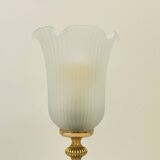 Vintage French Empire table lamp in gilded brass, opaline, pleated tulip, Belle Époque