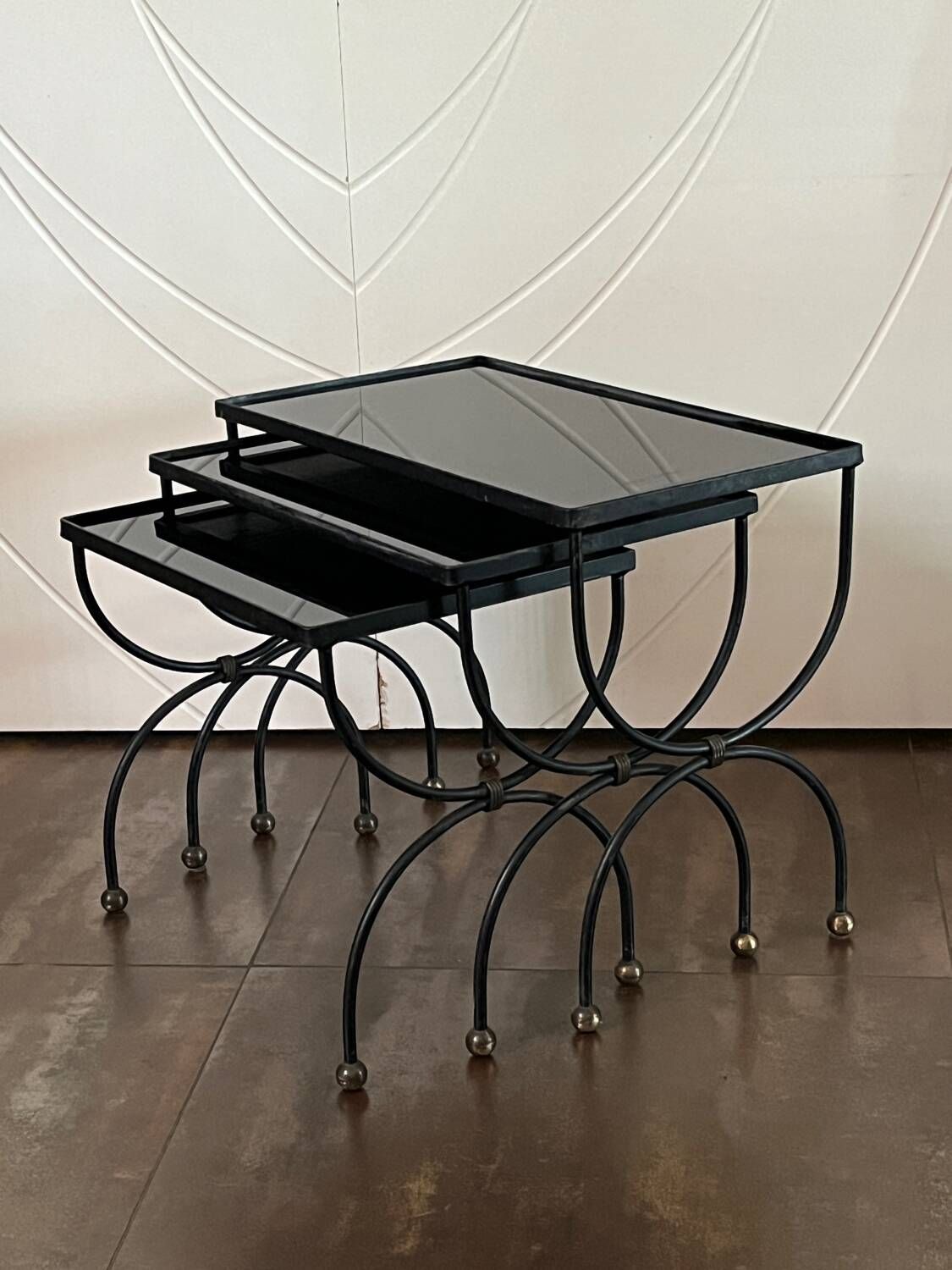 3 nesting tables 1950 Jean Royère wrought iron black opaline vintage