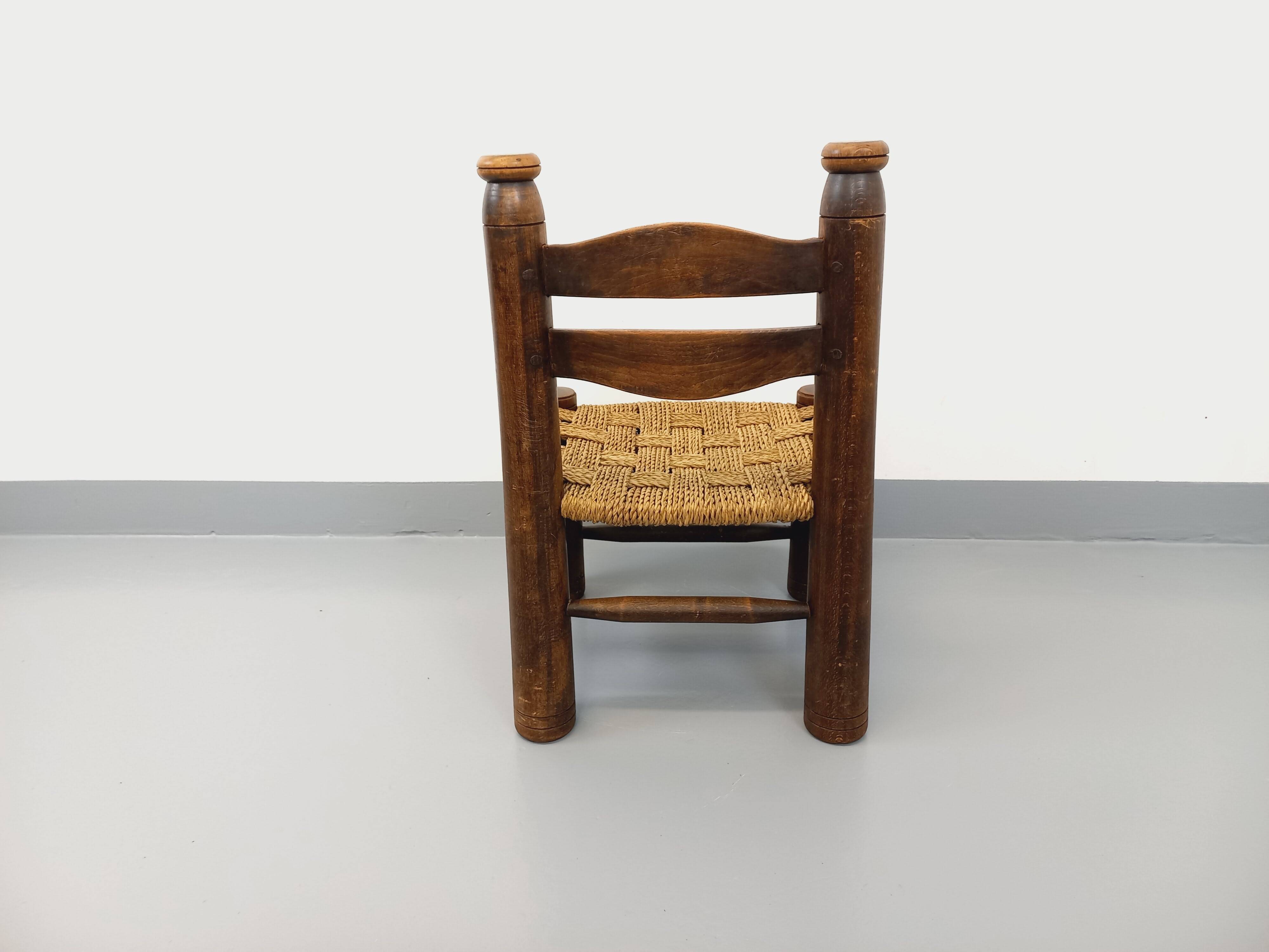 Vintage Charles Dudouyt Brutalist Low Chair in Wood and Straw
