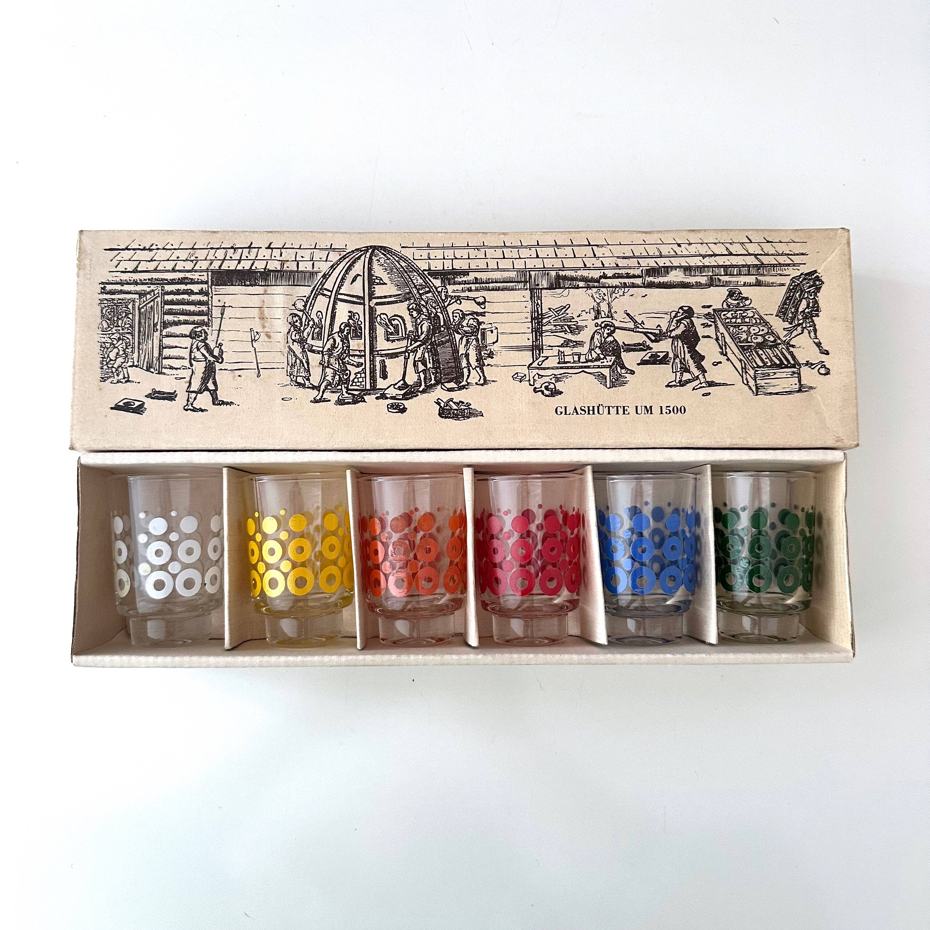 6 colourful vintage glasses, shot glasses Glashütte, 70's