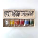 6 colourful vintage glasses, shot glasses Glashütte, 70's