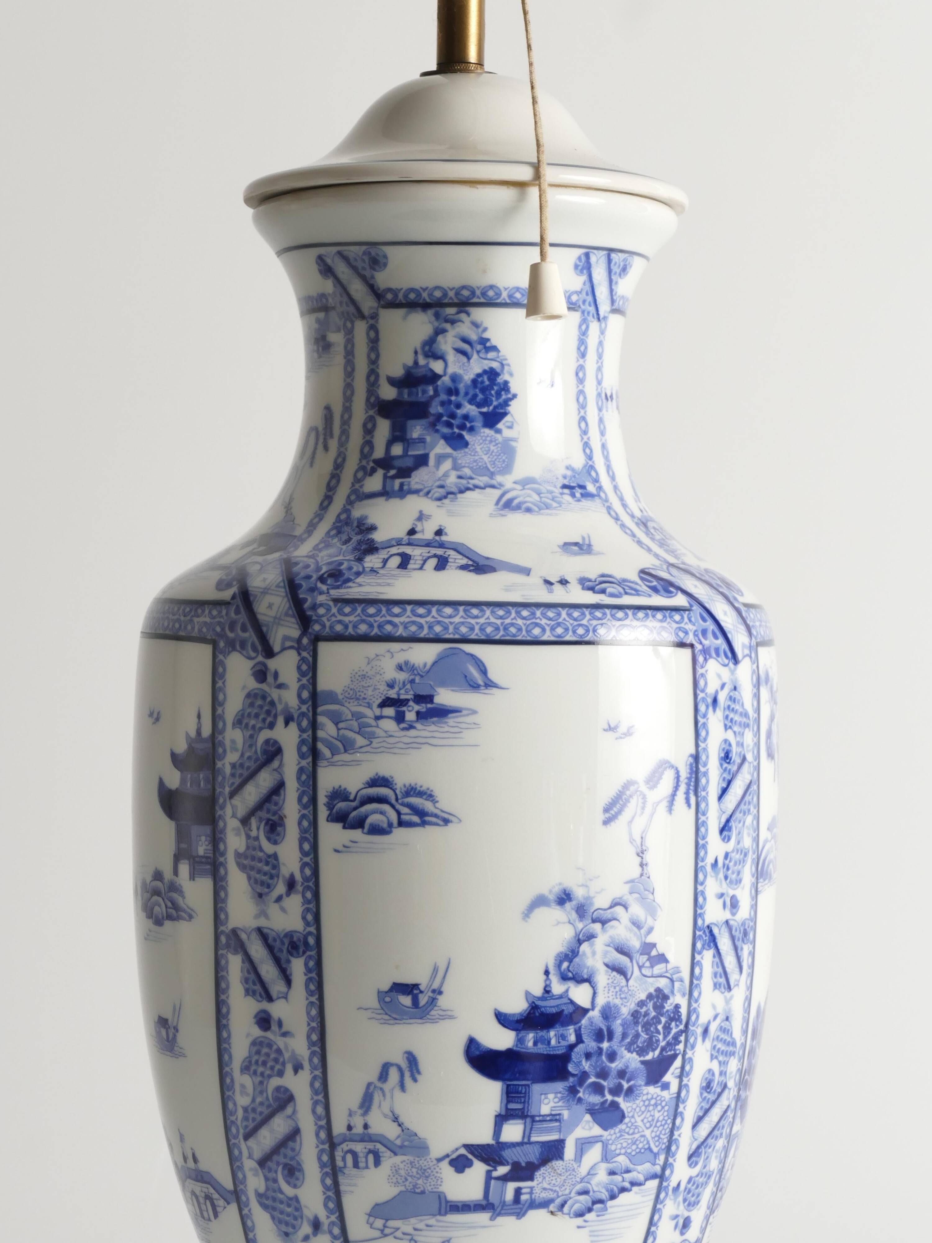 French Blue & White Willow Porcelain Table Lamp, by Louis Drimmer, Limoges