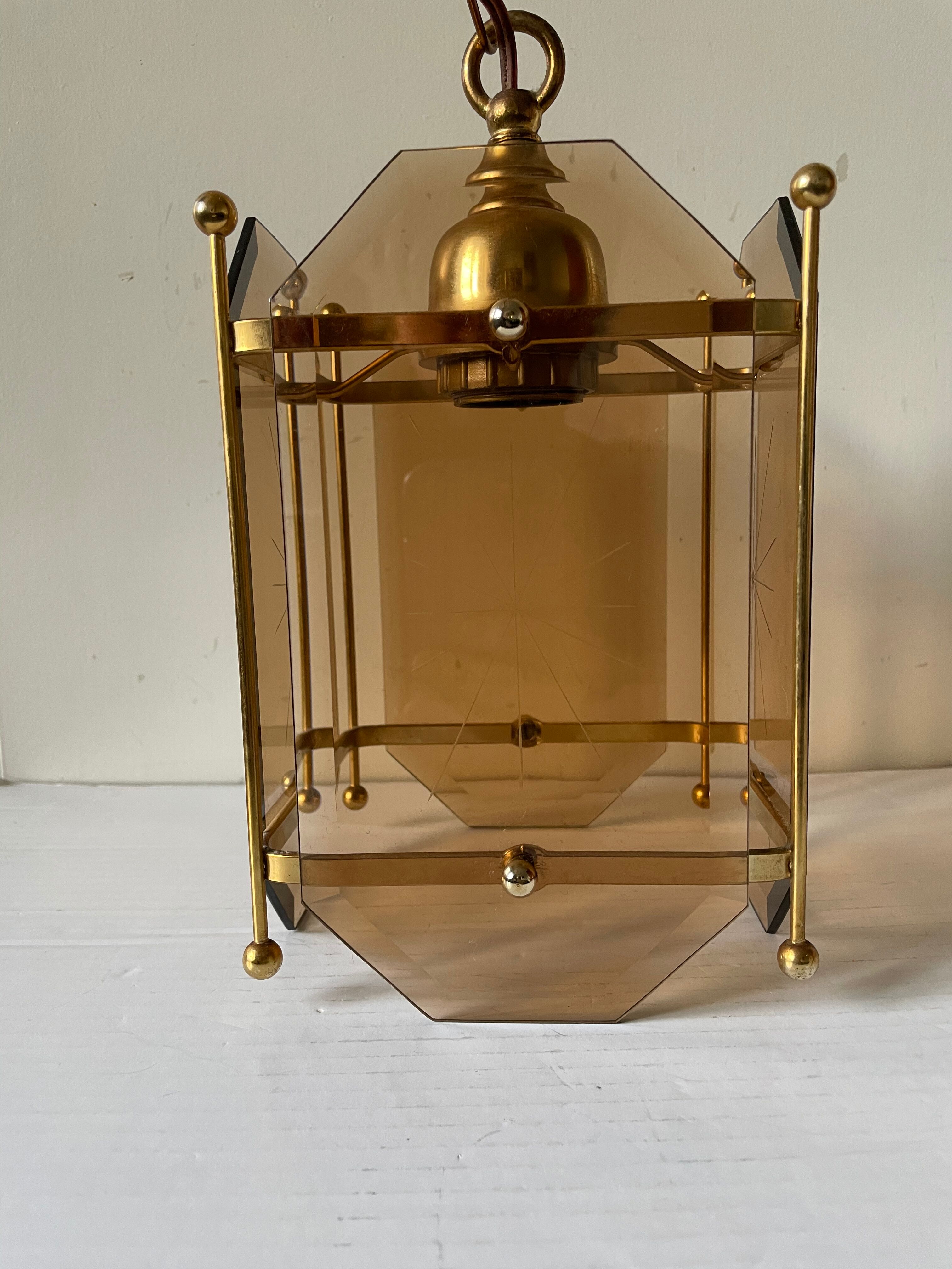 Scandinavian vintage lamp in brass & amber colored glass