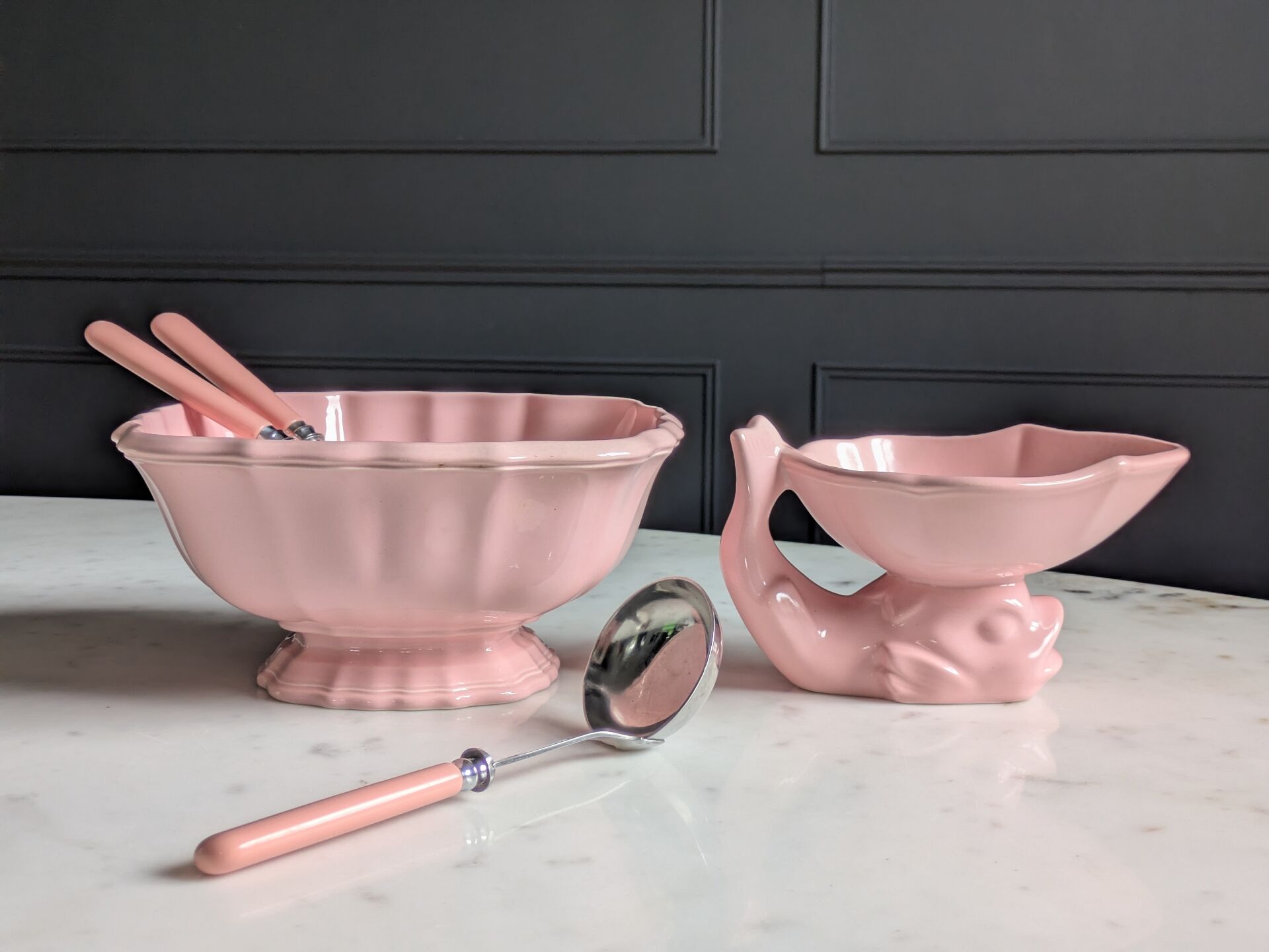 Vintage powder pink earthenware duo. Salins les Bains. 1950s.