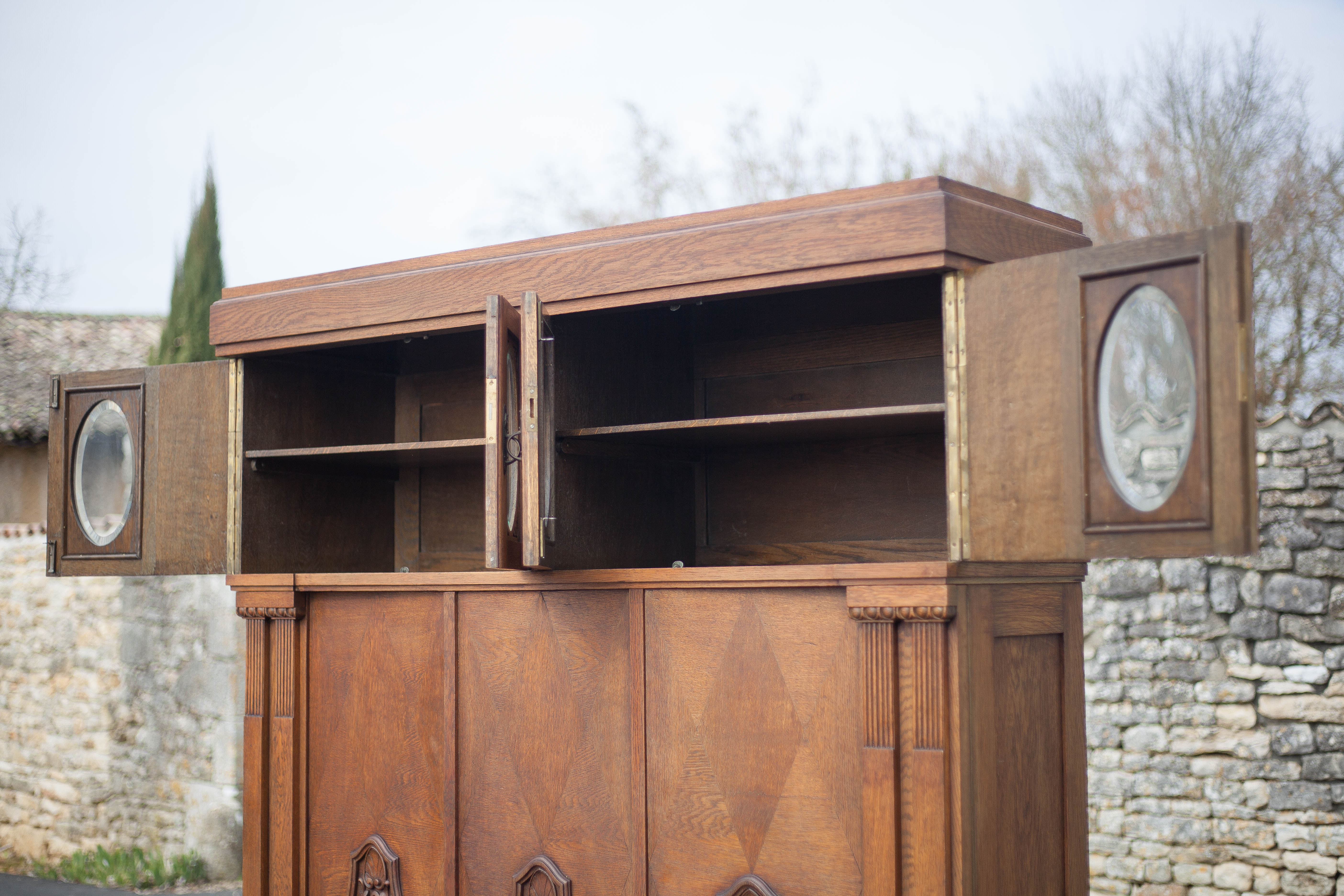 Bookcase carved wood 3 old doors, bookcase window beveled