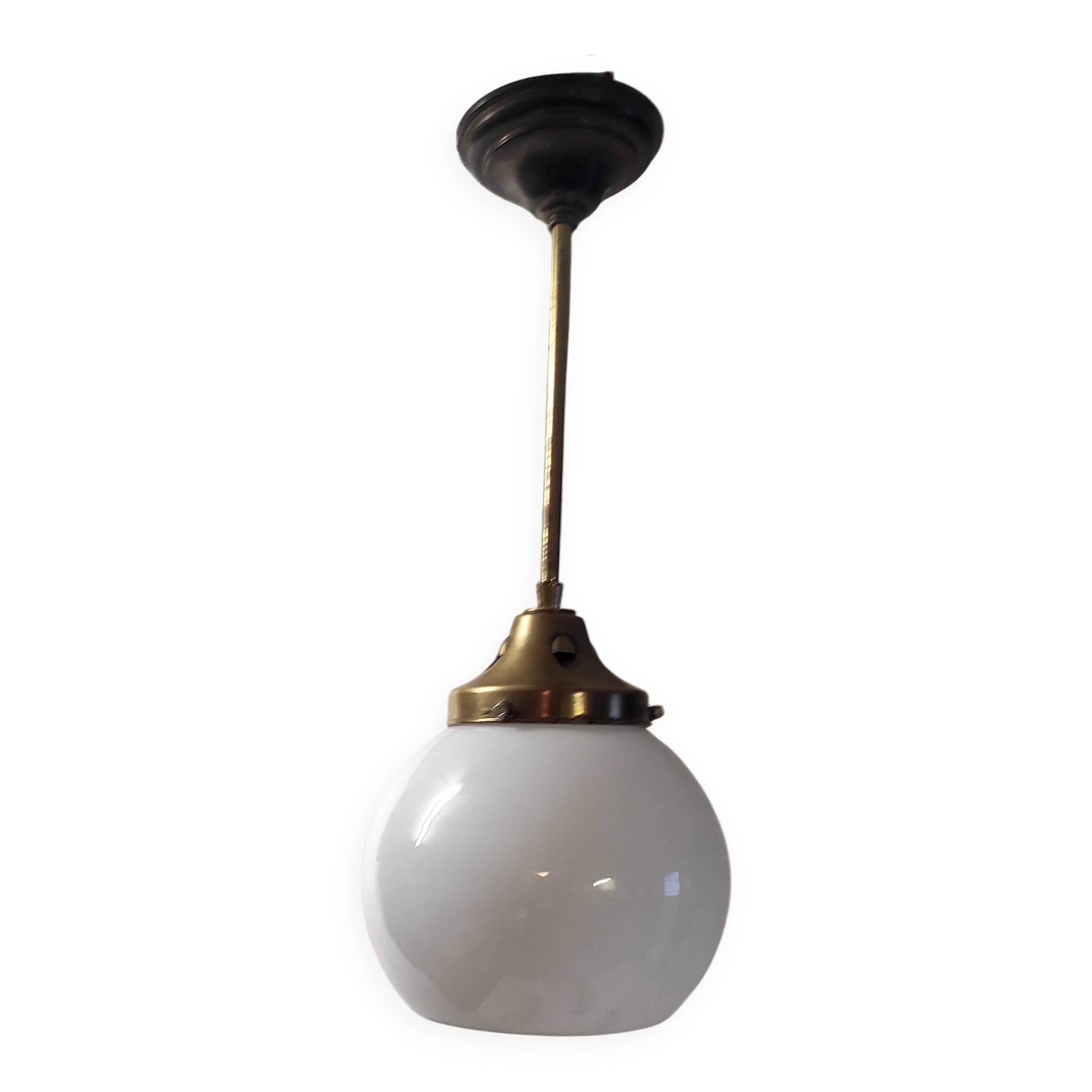 Art Deco pendant light in brass and opaline - mid-20th century