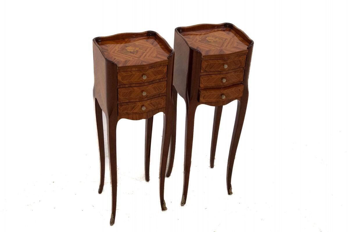 Inlaid bedside tables, Louis XV style, France.