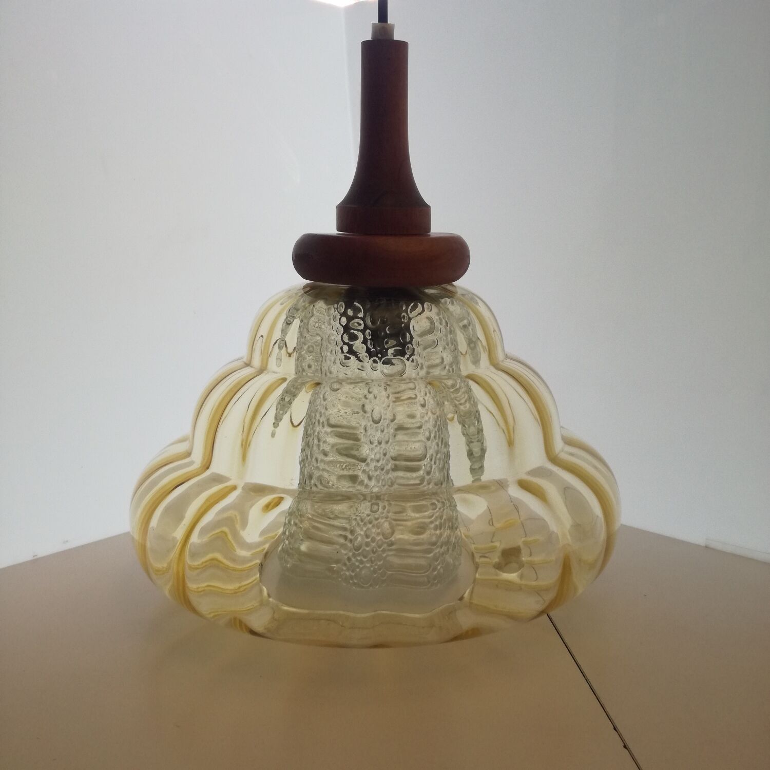 Scandinavian jellyfish pendant lamp in glass and wood 1970