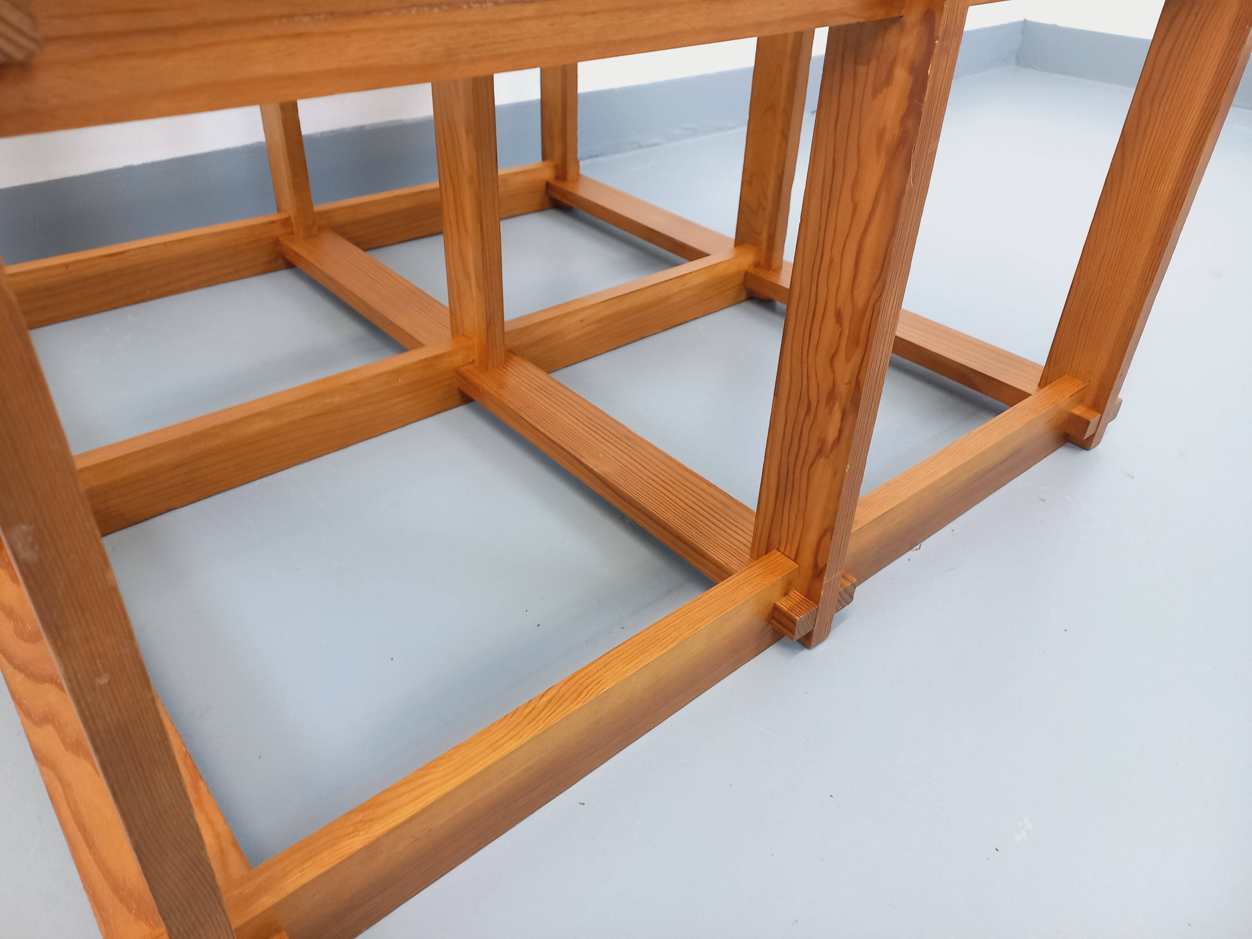 Vintage square coffee table in pine and smoked glass from the 70s and 80s.
