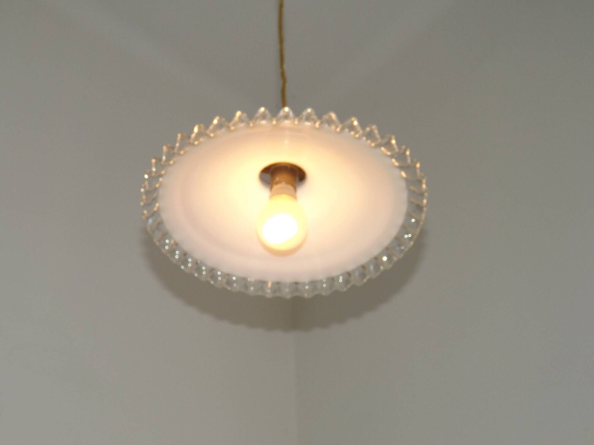 Vintage French White Opaline Glass Pendant Light Clear Glass Edge 5405