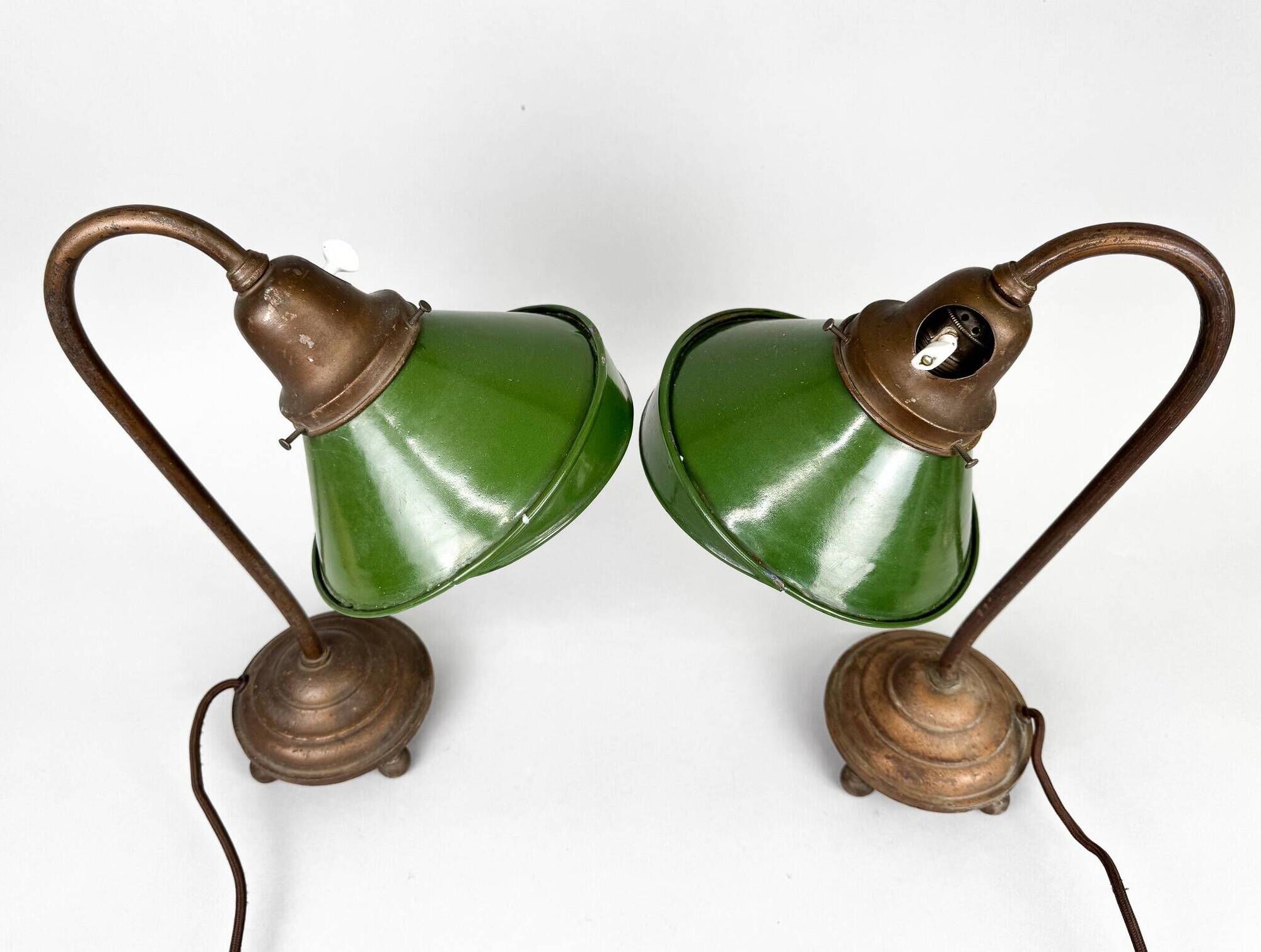 Pair of Unique 1920's Enamel & Cast Iron Desk Lamps, Czechoslovakia