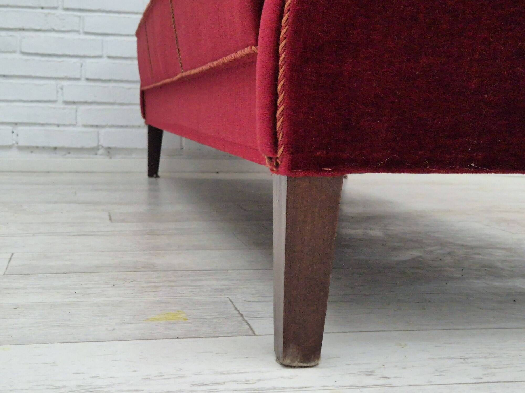1960s, Danish 3 seater sofa, original good condition, furniture velour, beech wood .
