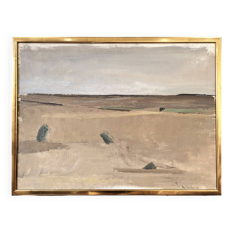 « Desert Horizon » vintage suédois minimaliste paysage peinture à l’huile, encadré