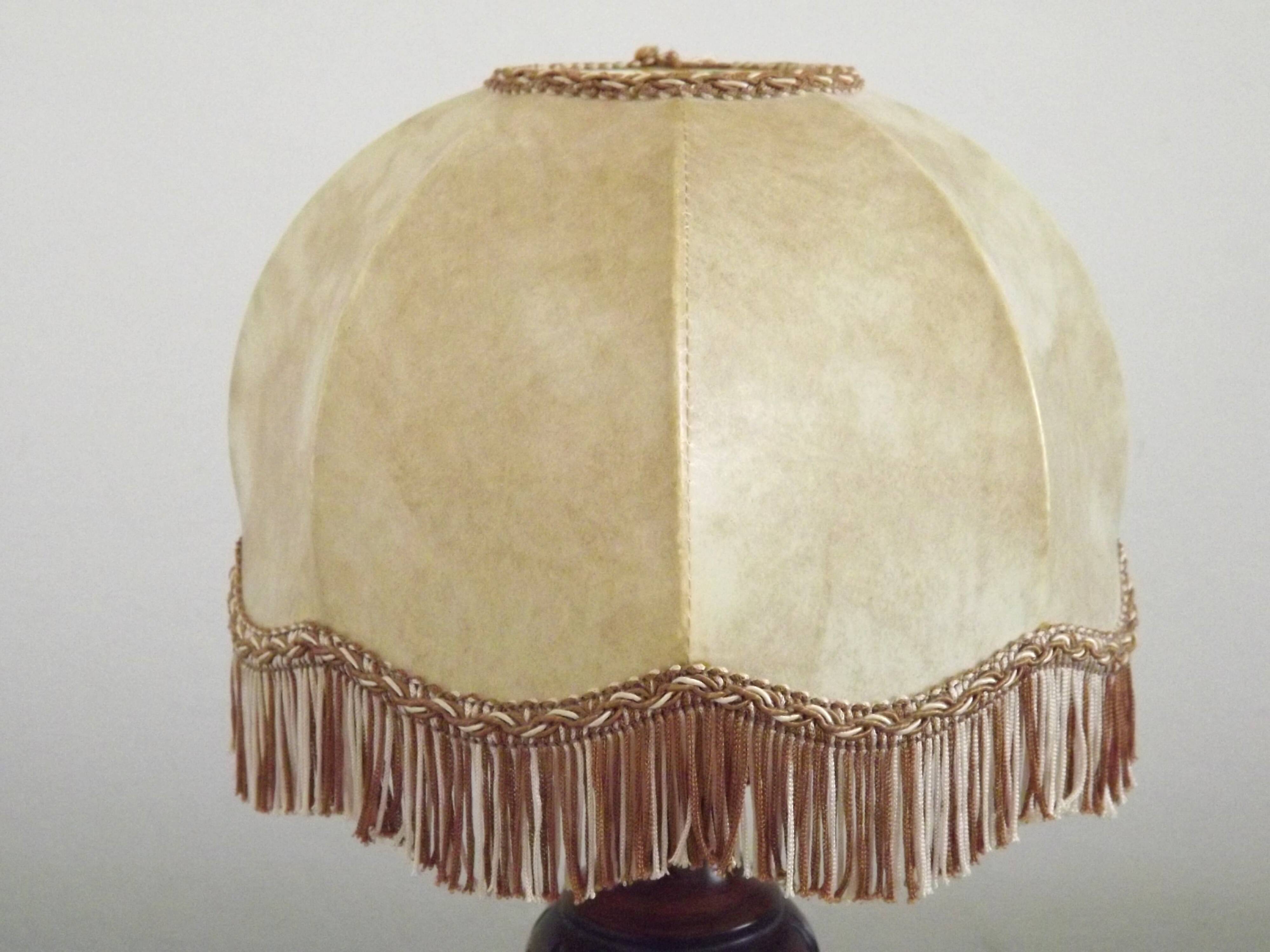 French Mid Century Round Turned Wood Grooved Table Lamp Hide Skin Shade