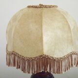 French Mid Century Round Turned Wood Grooved Table Lamp Hide Skin Shade