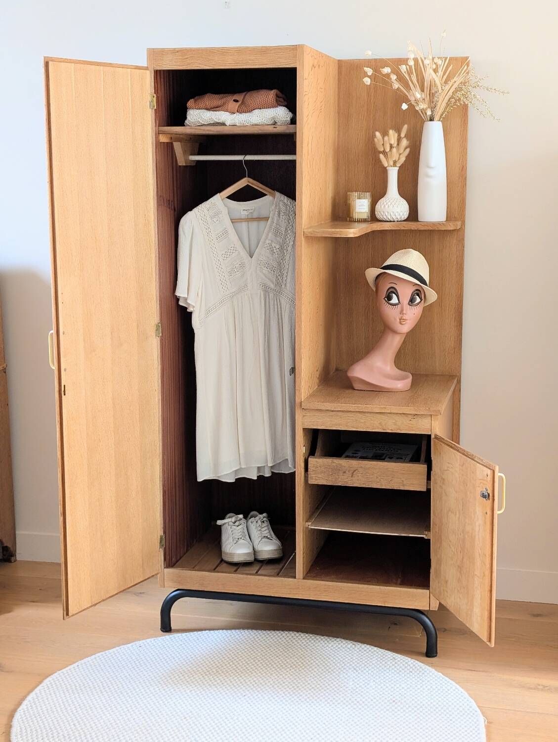 Renovated vintage 1950s oak boarding school wardrobe