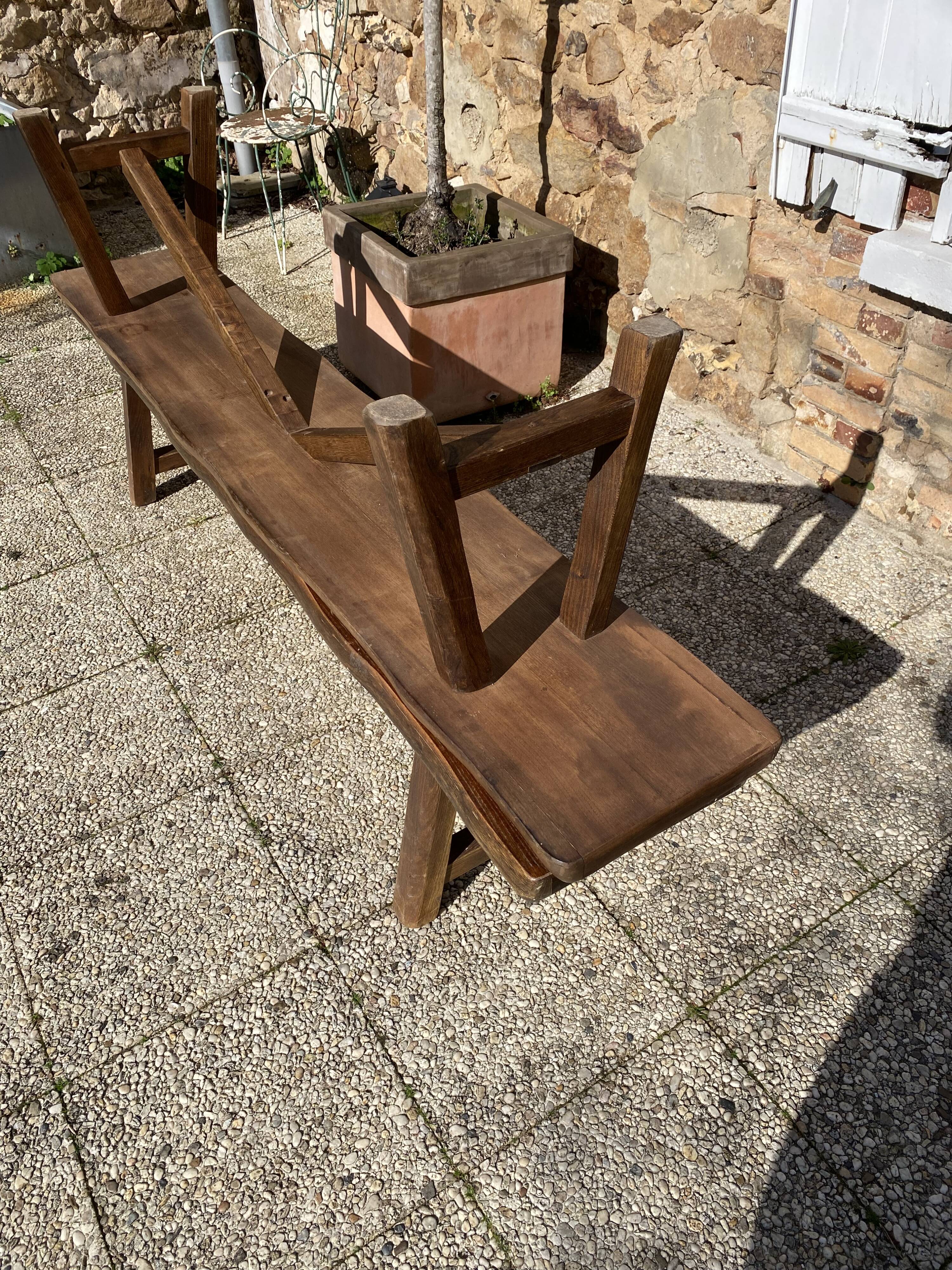 Paire de bancs orme pour table de ferme brutaliste rustique 1950