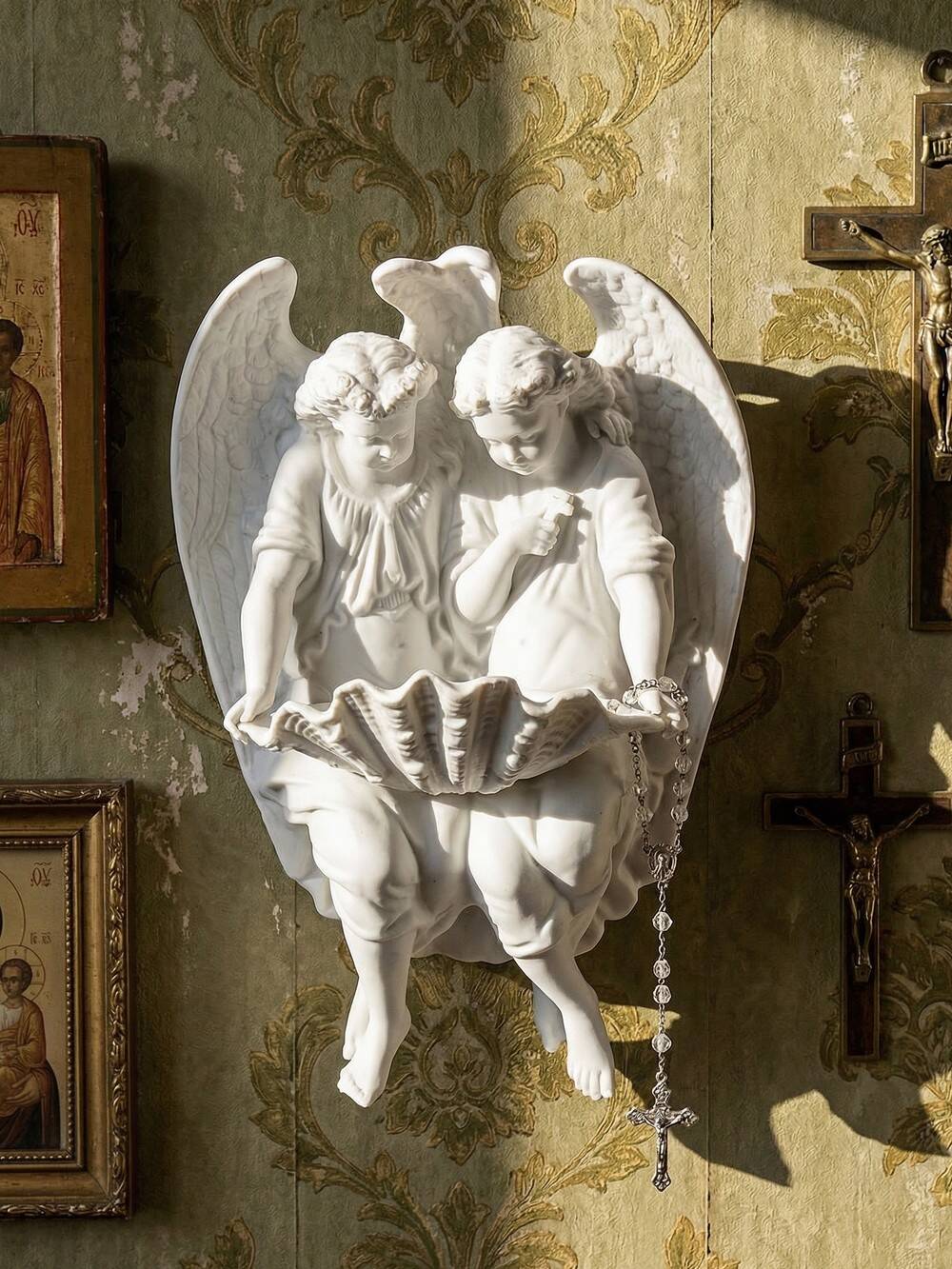 Porcelain biscuit holy water font with 2 angels, antique 1900-1930, Germany.