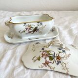 Saucière à couvercle ancienne en porcelaine de Limoges Haviland décor d'oiseaux