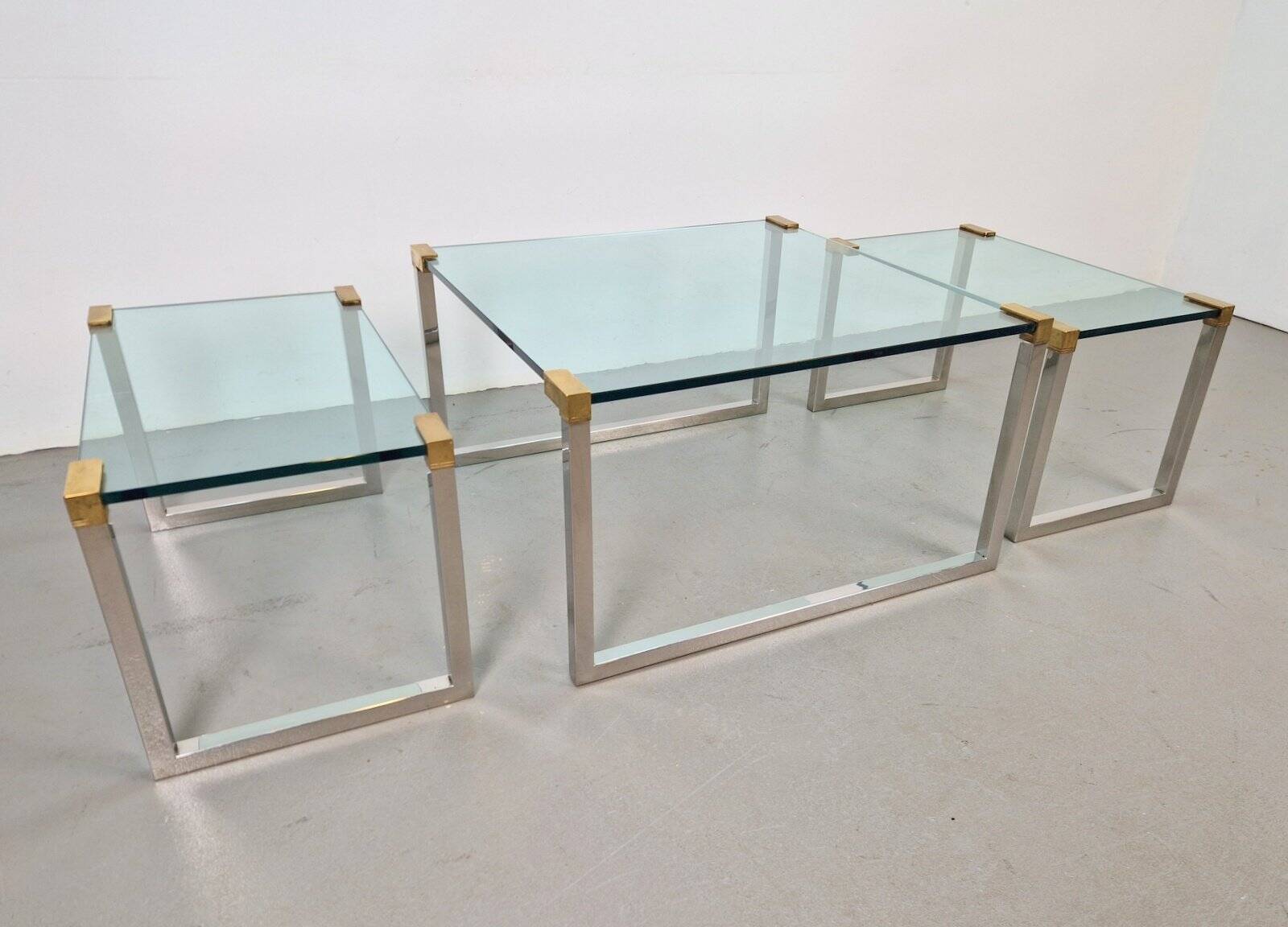 T53 Coffee and Side Tables in Brass and Glass by Peter Ghyczy, 1970s, Set of 3