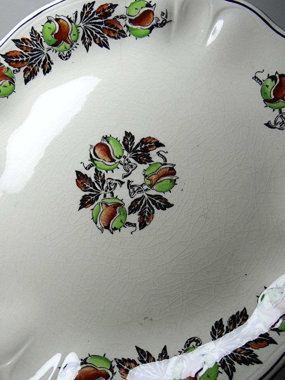 Antique compote dish "Marrons" Longchamp earthenware, polychrome ironstone.