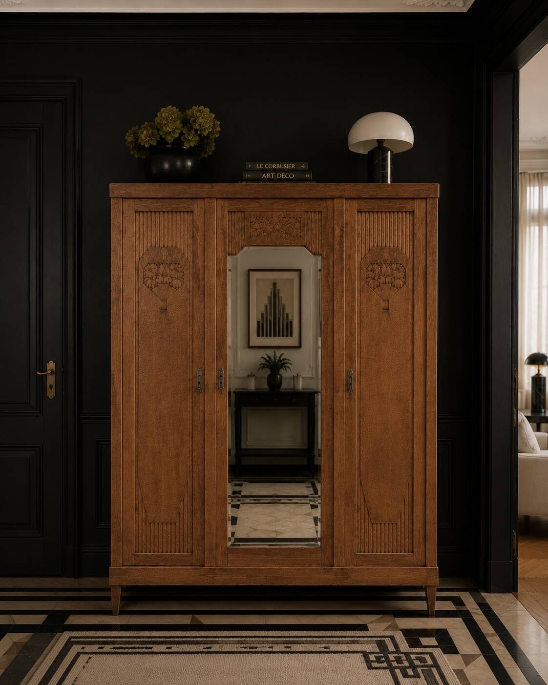 Art deco wardrobe in raw oak with bevelled mirror.