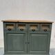 Antique counter cabinet with drawers and label holders – green patina