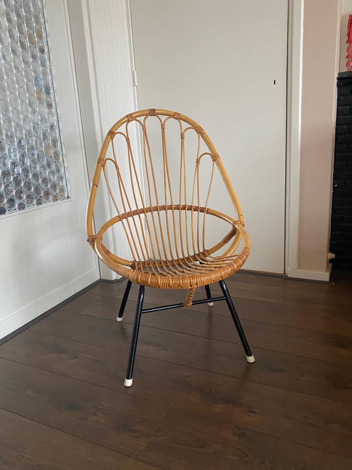 Mid-Century Rattan and Steel Easy Chair by Rohé Noordwolde, 1950s