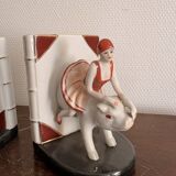 Old Pair of Bookends Porcelain White Girl Woman Equestrian Pig Art
