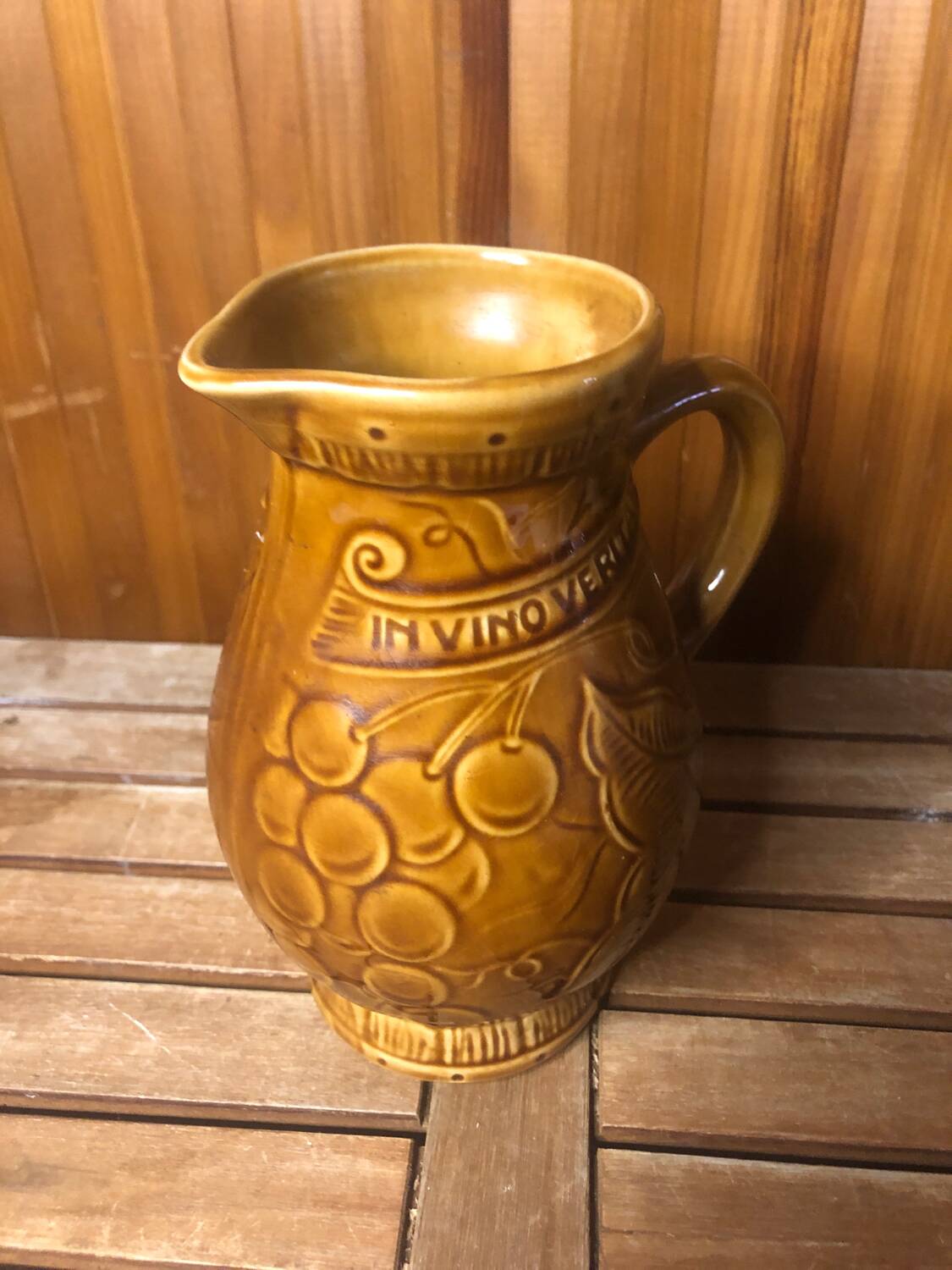 Old sarreguemines pitcher brown ceramic vintage vines decor #a430