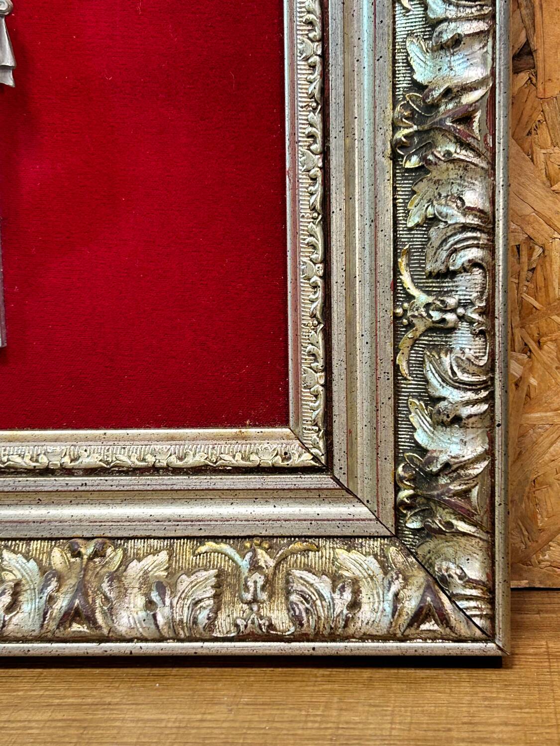 Crucifix, christ, on red velvet frame, silver wood, 50s, 60s, vintage