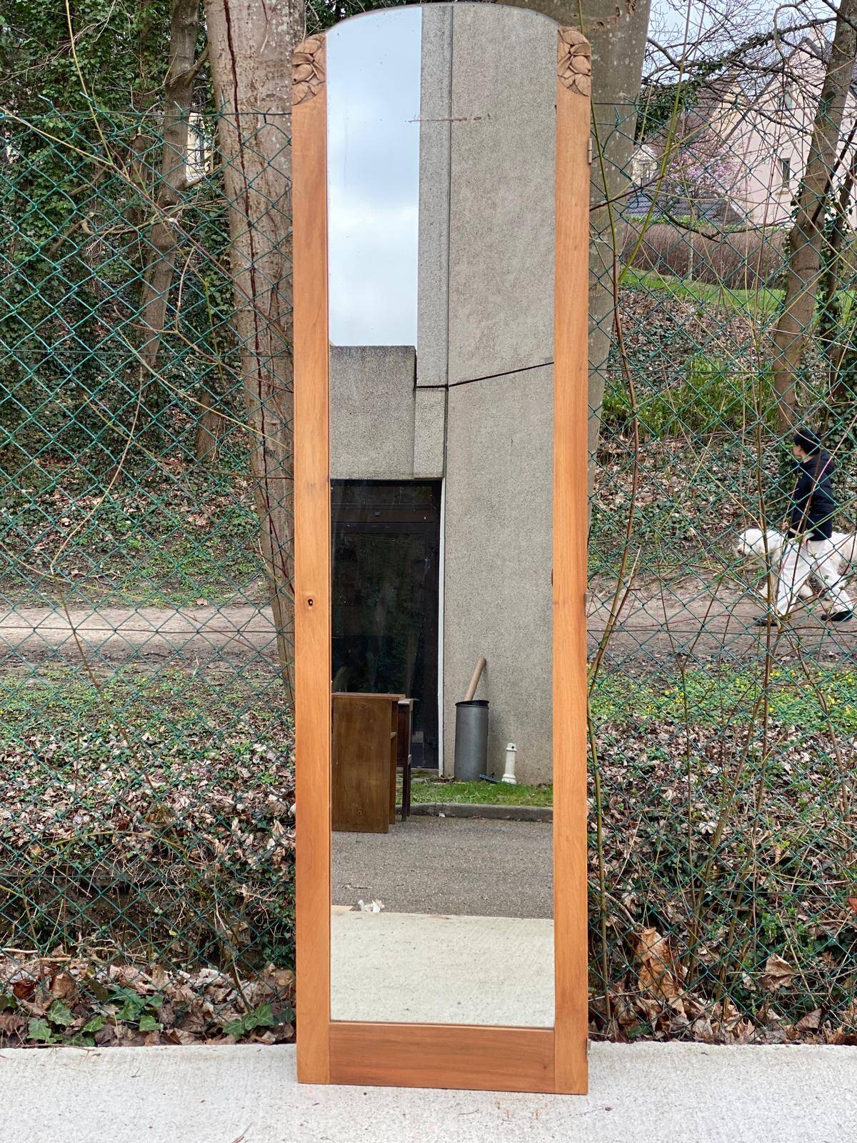 Art Deco mirror on a carved arched base, renovated in raw oak, 186cm