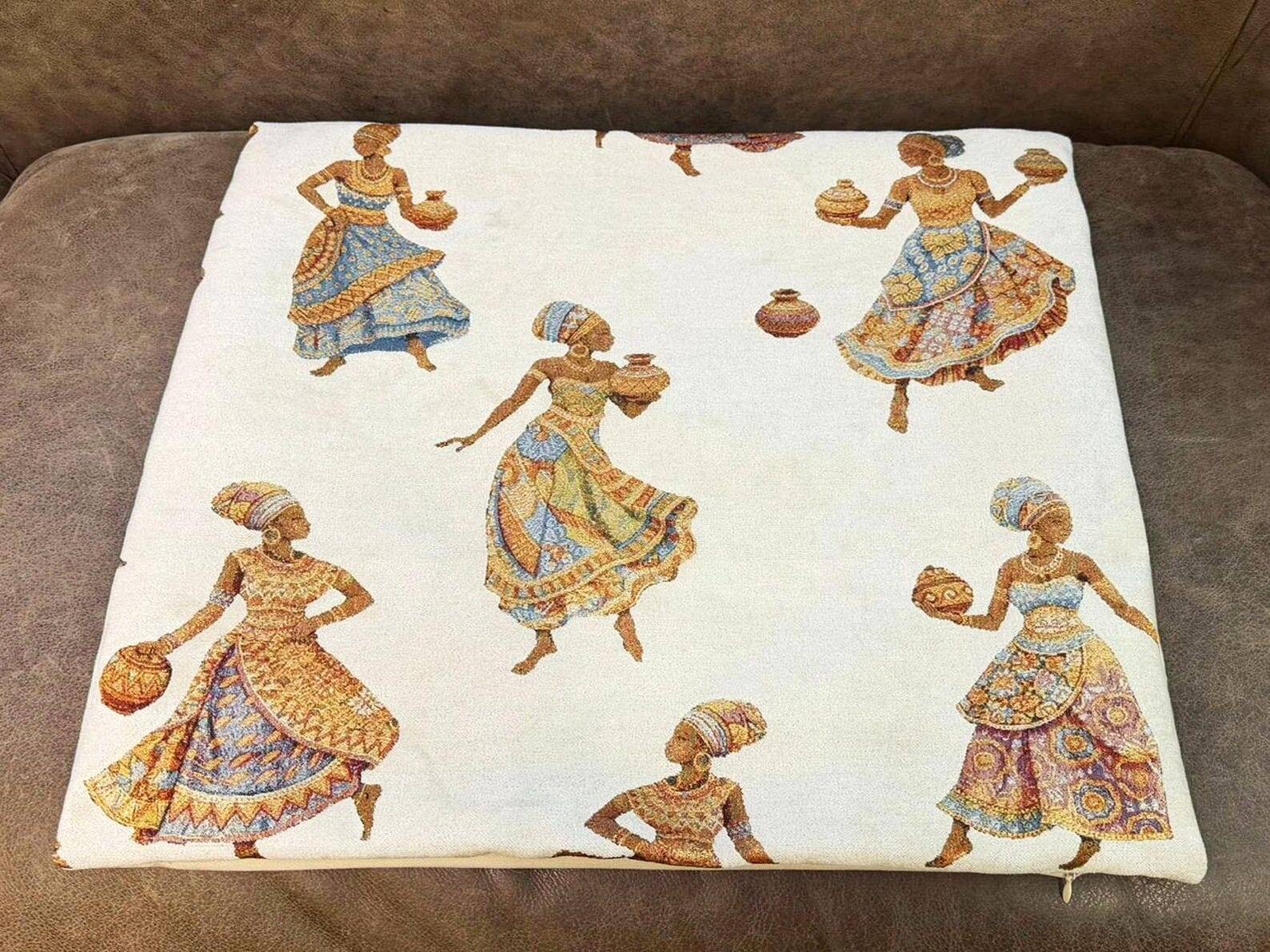 African Pottery Women Jacquard Cushion, Figural Woven Pillow Cover