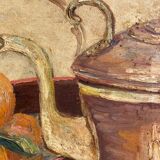 Old painting, still life with teapot and fruit, dated 1932 and signed