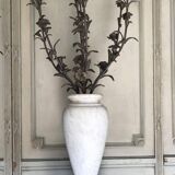 Pair of carrara marble vases, bronze bouquet of flowers