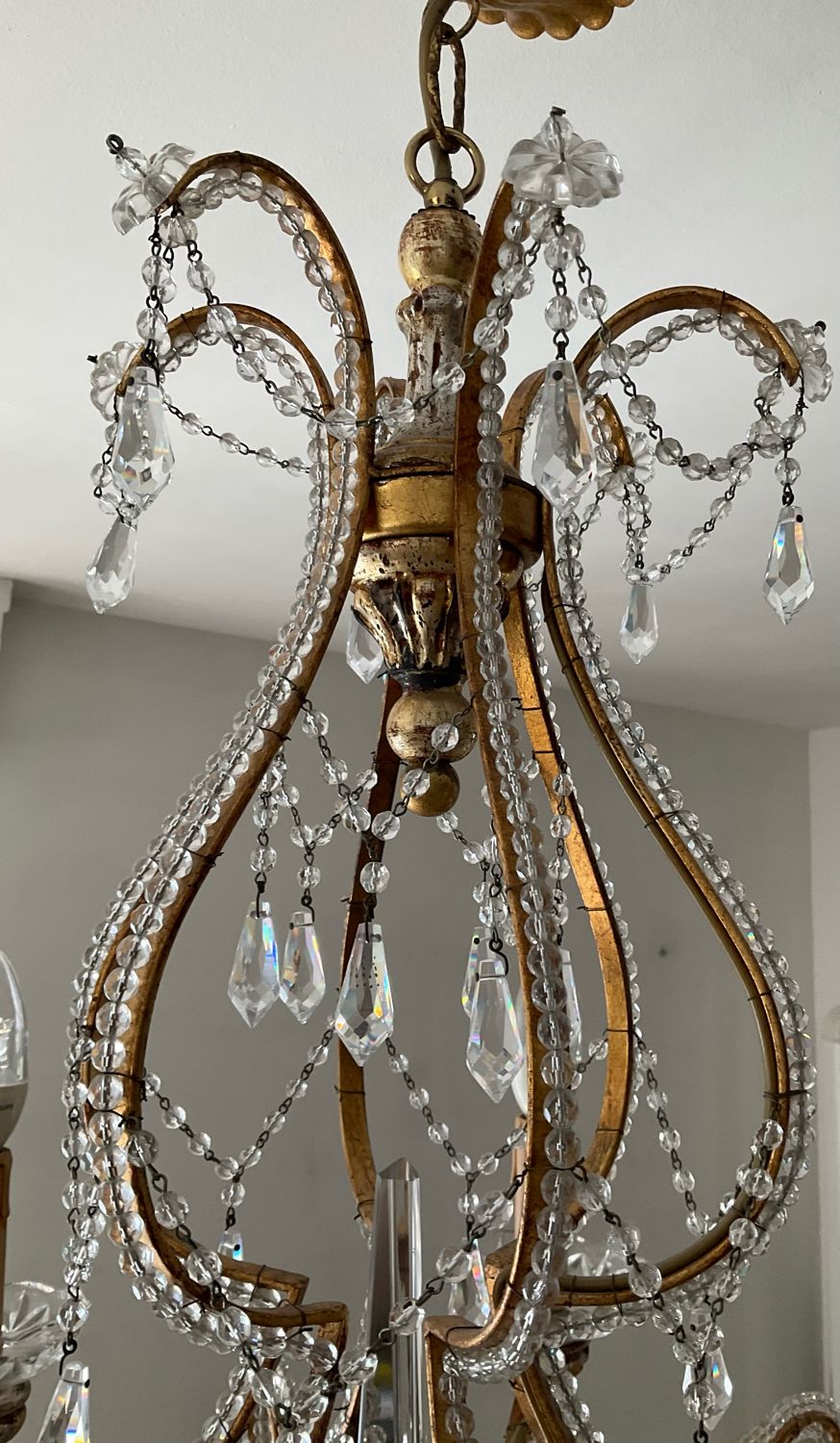 Old Venetian chandelier with Bohemian crystal tassels and gilded wood