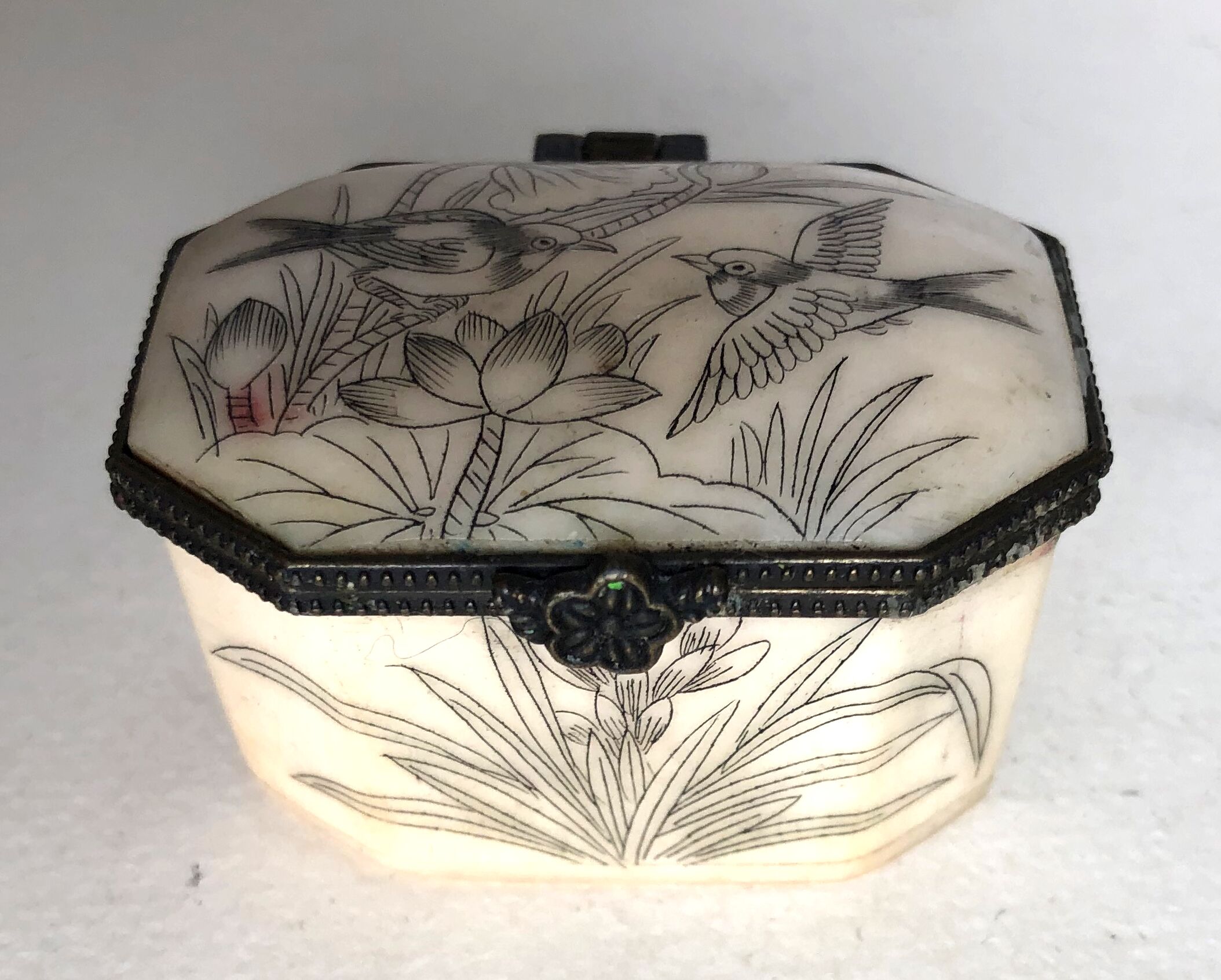 Engraved bone pill box