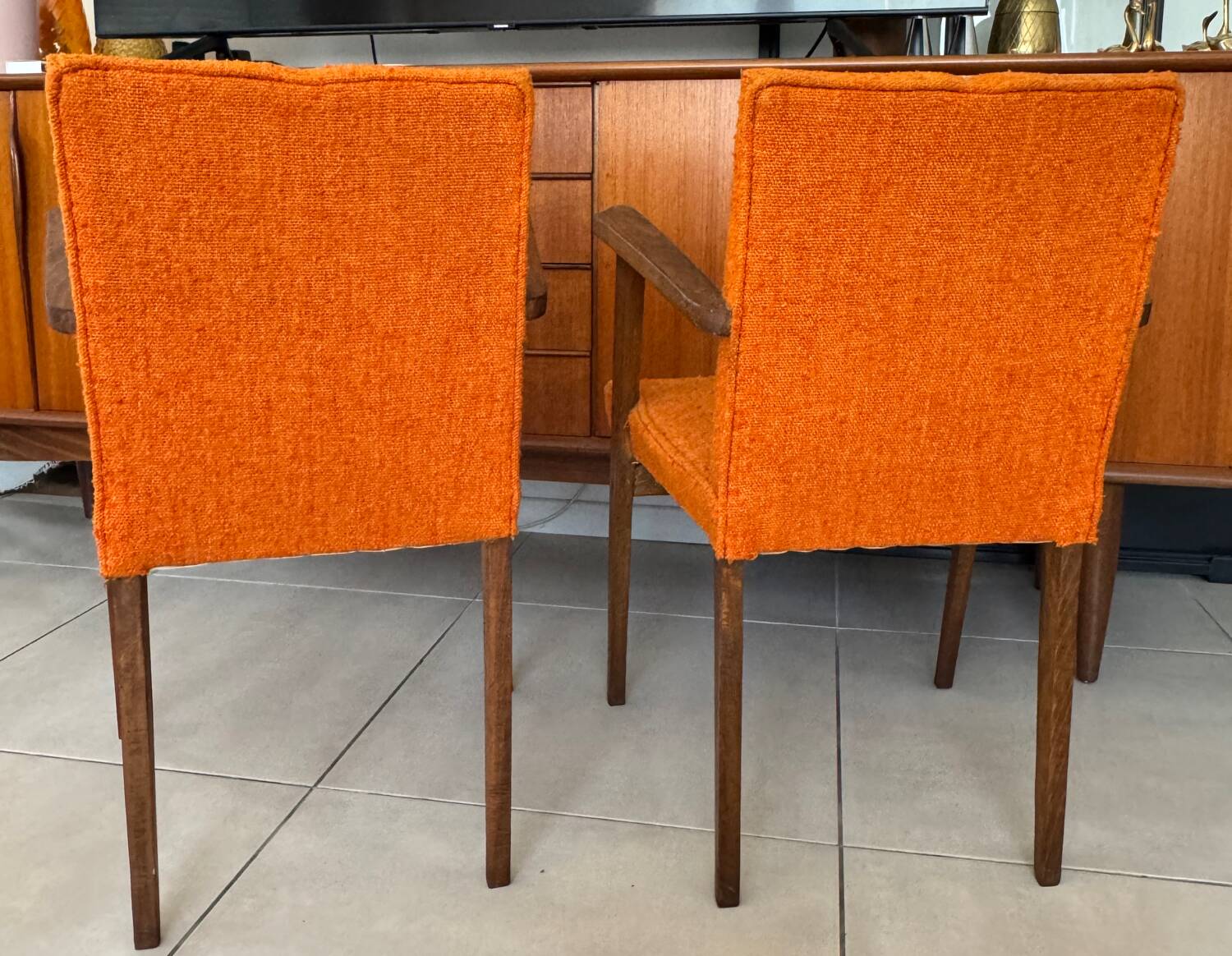 Pair of vintage 60s armchairs in wood and orange bouclé fabric