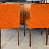 Pair of vintage 60s armchairs in wood and orange bouclé fabric